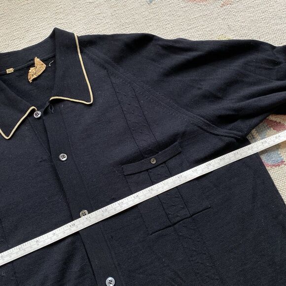 Vintage 50s Knit Cardigan Wool Black Tan Ribbed XL Sweater Long Sleeve - Picture 7 of 9